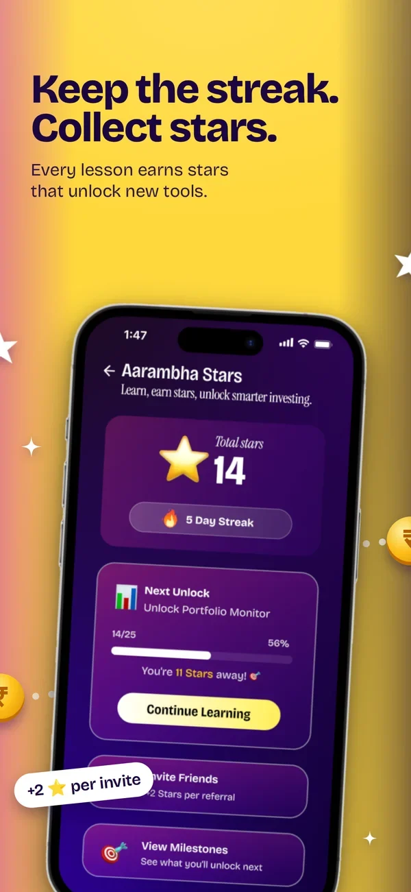 Aarambha app showing stars and a 5-day streak